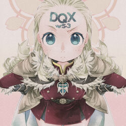  1girl :&lt; anlucea aqua_eyes belt black_gloves blonde_hair body_writing breasts buttons cape colored_eyelashes commentary_request copyright_name cowboy_shot curly_hair double-breasted dragon_quest dragon_quest_x dress forehead from_above fur-trimmed_cape fur-trimmed_gloves fur_trim gloves hair_slicked_back hands_on_own_hips long_hair looking_at_viewer looking_up mole mole_under_mouth official_alternate_costume red_dress small_breasts utsubushi_satsuki white_cape 