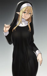  1girl arm_at_side black_dress blonde_hair breasts dress elf female_focus gradient_background green_eyes habit hair_ornament hand_up highres houtengeki large_breasts long_dress long_hair long_sleeves looking_at_viewer nun original pointy_ears sidelocks simple_background smile solo traditional_nun  rating:Sensitive score:95 user:danbooru