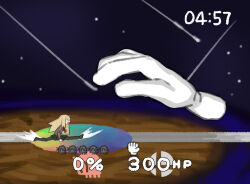  1girl black_pantyhose black_skirt blonde_hair brown_cardigan cardigan disembodied_hand fake_screenshot final_destination_(smash_bros) floating green_eyes highres joints long_hair long_sleeves looking_at_another master_hand matangom matangomu-chan nintendo on_floor open_mouth original pantyhose parody pleated_skirt school_uniform serafuku shooting_star skirt sky split star_(sky) starry_sky super_smash_bros. timestamp v-shaped_eyebrows wide_shot 