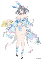  1girl :&gt; absurdres animal_ears bare_shoulders blue_eyes blue_leotard blush breasts cleavage clogs closed_mouth clothing_cutout collarbone fake_animal_ears frilled_sleeves frills full_body grey_hair groin hair_ornament hand_fan highleg highres holding holding_fan japanese_clothes large_breasts legs leotard looking_at_viewer navel off_shoulder official_art playboy_bunny rabbit_ears senran_kagura short_hair smile socks solo standing stomach_cutout thigh_gap thighs twintails yaegashi_nan yumi_(senran_kagura)  rating:Sensitive score:40 user:yuri2896