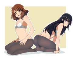 2girls :d arm_support ass bare_arms bare_shoulders black_hair black_legwear bra breasts brown_hair butt_crack cleavage closed_mouth eyebrows_hidden_by_hair full_body hibike!_euphonium highres kneeling kousaka_reina leaning_forward long_hair looking_at_viewer multiple_girls nail_polish navel no_panties no_shoes open_mouth oumae_kumiko pantyhose purple_eyes purple_nails sbel02 short_hair small_breasts smile two-tone_background underwear white_background white_bra yellow_background yellow_eyes yellow_nails rating:Questionable score:56 user:danbooru