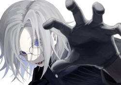  1boy absurdres aestro_111 aotsuki_eito black_gloves blurry blurry_foreground close-up evil_grin evil_smile gakuran glasses gloves grey_hair grin highres last_defense_academy_school_uniform looking_at_viewer male_focus purple_eyes reaching reaching_towards_viewer school_uniform short_hair simple_background smile solo the_hundred_line_-last_defense_academy- variant_set white_background 