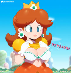  1girl absurdres artist_name blue_eyes blue_sky bra breasts brooch brown_hair cleavage clenched_hands closed_mouth clothes_lift cloud cowboy_shot crown dress earrings english_text eyelashes flipped_hair flower_earrings gloves green_bra hands_up highres jewelry large_breasts lips looking_to_the_side mario_(series) medium_hair motion_lines nintendo orange_skirt outdoors paper_mario paper_mario:_the_thousand_year_door princess princess_daisy puffy_short_sleeves puffy_sleeves shirt shirt_lift short_sleeves skirt sky smile solo somescrub super_mario_land thick_lips twitter_logo twitter_username underwear white_bra white_gloves yellow_shirt  rating:Questionable score:137 user:pc88