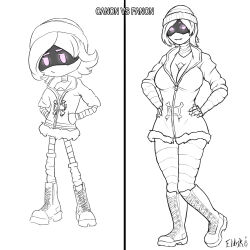 1girl alternate_breast_size_(larger) beanie breasts canon_vs_fanon_(meme) cleavage comparison eldrik_aethervial hat jacket looking_at_viewer mechanical_arms medium_hair murder_drones pink_eyes robot_girl short_hair sketch thick_thighs thighs uzi_(murder_drones)