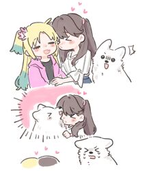  &gt;_&lt; 2girls :d =_= basil_(wgh0anzdple3asf) black_shirt blonde_hair blue_hair brown_hair closed_eyes colored_tips commentary_request crying dog fang flower fujishima_megumi fujishima_megumi_(summer_casual) german_shepherd hair_flower hair_ornament harino_(love_live!) heart highres hood hooded_jacket jacket korean_commentary link!_like!_love_live! long_sleeves looking_at_another love_live! mira-cra_park! multicolored_hair multiple_girls official_alternate_costume open_clothes open_jacket open_mouth osawa_rurino pink_flower puckered_lips shirt skin_fang smile twintails two_side_up virtual_youtuber white_dog yuri 