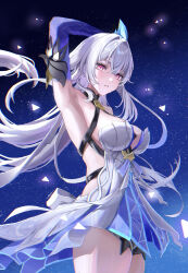  1girl arm_behind_head armpits backless_dress backless_outfit breasts closed_mouth dress floating_hair genshin_impact grey_hair highres long_hair looking_at_viewer presenting_armpit prosthesis prosthetic_arm red_eyes skirk_(genshin_impact) solo standing turyee0322 white_dress 