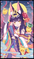  1girl animal_ear_fluff animal_ears armpit_crease artist_name azur_lane black_border black_hair blue_kimono border breasts chibi chibi_inset commentary_request fang flower fox_ears fur-trimmed_sleeves fur_trim hair_flower hair_ornament hand_on_own_face hand_up japanese_clothes jewelry kimono long_hair long_sidelocks long_sleeves looking_at_viewer manjuu_(azur_lane) multicolored_kimono nagato_(azur_lane) nagato_(guardian_fox&#039;s_shining_furisode)_(azur_lane) necklace official_alternate_costume open_mouth pink_flower pink_kimono print_kimono purple_kimono red_kimono sidelocks skin_fang small_breasts smile sudango very_long_hair wide_sleeves yellow_eyes yellow_kimono 