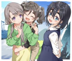  3girls amamiya_satsuki_(mono) aqua_scrunchie arms_behind_back black_hair black_shirt blue_dress blue_eyes blue_sky blush bow brown_pants carrying carrying_person closed_mouth collared_shirt dress from_side grass green_shirt grey_bow grey_hair hair_bow hair_ornament hair_scrunchie kiriyama_an long_sleeves looking_at_viewer low_twintails mono_(afro) mountain multiple_girls night night_sky one_side_up open_mouth outside_border paneled_background pants piggyback pinafore_dress purple_eyes river sayuuiede scrunchie shikishima_sakurako shirt shooting_star skirt sky sleeveless sleeveless_dress smile star_(sky) teeth thick_eyebrows tree twintails upper_teeth_only v white_shirt yellow_skirt 