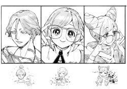  1boy 2girls adjusting_eyewear bespectacled cat chibi collared_shirt column_lineup cone_hair_bun daiki_(daikingairkgk) double_bun fukurai_azami glasses greyscale hair_bun hands_on_eyewear hands_up highres holding holding_removed_eyewear jasmine_(toshi_densetsu_kaitai_center) looking_at_viewer looking_to_the_side meguriya_ayumu monochrome multiple_girls panda rabbit shirt short_hair simple_background smile snake tanuki toshi_densetsu_kaitai_center translation_request unworn_eyewear upper_body white_background 