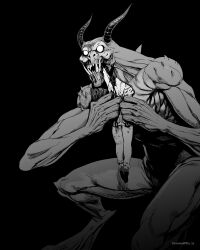  absurdres blood commentary corpse deathclaw decomposedtaco eating english_commentary fallout fallout:_new_vegas fine_art_parody greyscale guro highres monochrome monster parody saturn_devouring_his_son sharp_teeth shoulder_spikes signature spikes teeth 