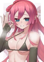  1girl absurdres bikini black_bikini blue_eyes blush breasts breath character_request cotan_(actancyaga) duel_monster highres medium_breasts ok_sign pink_hair pointy_ears solo sweat swimsuit upper_body yu-gi-oh!  rating:Sensitive score:1 user:danbooru