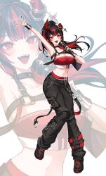  absurdres arm_up armpits asymmetrical_horns belt_buckle black_hair bluejump breasts broken_horn broken_horns buckle chain cross demon_horns fangs full_body hand_up high_ponytail highres horns jegal_geumja large_breasts long_hair microphone midriff minj_kim mole mole_on_breast multicolored_hair music navel pants ponytail red_eyes red_hair red_horns singing slit_pupils 