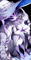  1girl :3 absurdres arthropod_girl black_hair blank_eyes cloak colored_skin cosplay elden_ring extra_arms extra_eyes fangs fangs_out fewer_digits fur_cloak hands_on_headwear hat highres insect_girl krokobyaka long_sleeves monster_girl muffet orb purple_skin ranni_the_witch ranni_the_witch_(cosplay) robe short_hair smile solo spider_girl thighhighs toeless_legwear trait_connection undertale white_robe white_thighhighs witch_hat  rating:Sensitive score:29 user:danbooru