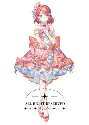 1girl absurdres bare_shoulders blunt_bangs blush braid breasts buttons character_name closed_mouth collarbone detached_sleeves double-breasted dress elbow_gloves full_body gloves half_up_braid half_updo highres jingshenquan looking_at_viewer love_live! love_live!_nijigasaki_high_school_idol_club love_live!_school_idol_festival_all_stars medium_breasts medium_hair official_alternate_costume pantyhose pink_dress pink_hair pink_shoes sample_watermark see-through_clothes see-through_gloves shoes short_sleeves simple_background sleeveless sleeveless_dress smile solo swept_bangs uehara_ayumu uehara_ayumu_(all_star_princess) watermark white_background white_pantyhose yellow_eyes