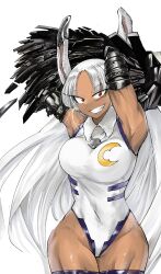  1girl absurdres animal_ears armpits arms_up bare_shoulders boku_no_hero_academia breasts collared_leotard commentary_request covered_navel crescent_print dark-skinned_female dark_skin fur_collar grin highleg highleg_leotard highres large_breasts leotard long_eyelashes long_hair looking_at_viewer mechanical_arms mechanical_ears mirko nstime23 parted_bangs prosthetic_ear purple_thighhighs rabbit_ears rabbit_girl red_eyes scar scar_on_face simple_background smile solo taut_leotard thighhighs thighs toned toned_female very_long_hair white_background white_hair white_leotard wide_hips 