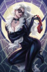  1girl black_bodysuit black_cat_(marvel) bodysuit breasts cleavage commentary domino_mask english_commentary eye_mask eyeshadow felicia_hardy fur-trimmed_bodysuit head_tilt highres holding holding_mask large_breasts latex latex_bodysuit looking_at_viewer makeup marvel mask moon official_art parted_lips pendant_choker realistic silk solo spider-man_(series) spider_web stanley_lau superhero_costume unworn_mask wavy_hair 