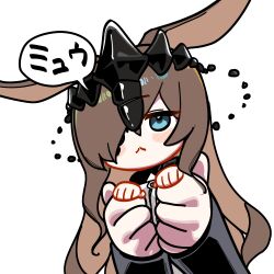  1girl amiya_(arknights) animal_ears arknights blue_eyes blush_stickers brown_hair chibi commentary_request crown doctor_(arknights) hair_ornament hair_over_one_eye highres kinbakuman lifting_person long_hair long_sleeves own_hands_together rabbit_ears solo translation_request white_background 