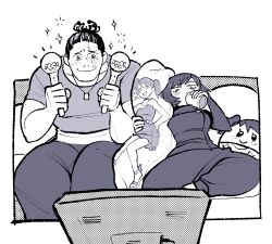  1boy 1girl black_hair character_doll cheering dakimakura_(object) dani_grew doll greyscale highres holding holding_pom_poms hugging_object jujutsu_kaisen monitor monochrome muscular muscular_male pants pillow pillow_hug pom_pom_(cheerleading) pom_poms scar scar_across_eye scar_on_face short_hair sideburns sparkle sparkling_aura takada_nobuko toudou_aoi_(jujutsu_kaisen) wavy_mouth zenin_mai  rating:General score:13 user:danbooru