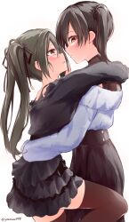  2girls blush frilled_skirt frills hair_ribbon highres hug kaga_(kancolle) kantai_collection long_hair multiple_girls ribbon side_ponytail skirt thighhighs twintails white_background yamamo778 yuri zuikaku_(kancolle) 