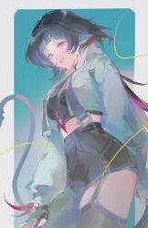  1girl black_gloves black_thighhighs blunt_bangs bow breasts cowboy_shot fingerless_gloves fingernails gloves green_eyes green_hair hair_between_eyes highres jane_doe_(zenless_zone_zero) kachijj1718 long_hair looking_at_viewer mouse_girl multicolored_hair nail_polish red_bow red_nails small_breasts smile solo tail thighhighs two-tone_hair zenless_zone_zero 