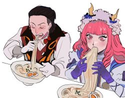  1boy 1girl ai-generated_art_(topic) ai_drawing_anime_characters_eating_ramen_(meme) black_hair boquet_(super_sentai) bowl closed_eyes eating fire_candle_(super_sentai) food hair_slicked_back highres horns long_hair meme no.1_sentai_gozyuger noodles open_mouth pink_eyes pink_hair prprdogs ramen simple_background softboiled_egg super_sentai 