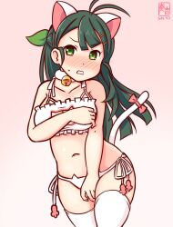  1girl alternate_costume animal_cutout animal_ear_legwear animal_ears artist_logo bell bra cat_cutout cat_ear_legwear cat_ear_panties cat_ears cat_lingerie cleavage_cutout clothing_cutout cow_tail cowboy_shot dated embarrassed gradient_background green_eyes green_hair implied_tail_plug jingle_bell kanon_(kurogane_knights) kantai_collection logo long_hair meme_attire neck_bell one-hour_drawing_challenge panties pink_background side-tie_panties solo sugi_(kancolle) tail thighhighs underwear white_bra white_panties white_thighhighs 