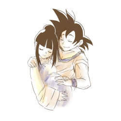  1boy 1girl black_hair chi-chi_(dragon_ball) china_dress chinese_clothes dragon_ball dragonball_z dress happy husband_and_wife ponytail pregnant short_hair simple_background smile son_goku spiked_hair  rating:Sensitive score:13 user:zeroxdash