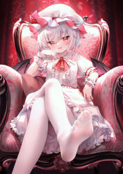 1girl :d absurdres breasts chen_bin demon_wings dress eyebrows_hidden_by_hair feet foot_focus gothic_lolita highres leggings lolita_fashion looking_at_viewer no_shoes open_mouth pantyhose red_eyes remilia_scarlet see-through_clothes sitting small_breasts smile soles solo touhou white_dress white_hair white_leggings wings rating:Sensitive score:113 user:felyne2077
