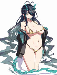  1girl aqua_hair arknights bikini black_hair breasts cleavage closed_mouth commentary dragon_girl dragon_horns dragon_tail dusk_(arknights) earrings gold_bikini hair_over_one_eye highres horns jewelry large_breasts long_hair looking_at_viewer multicolored_hair one_eye_covered pointy_ears silk simple_background sketch solo spider_web standing streaked_hair swimsuit symbol-only_commentary tail very_long_hair white_background yellow_bikini yellow_eyes yu-ves 