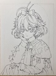  1girl absurdres ahoge bai_wuya_bu_he_naicha_yo bow closed_mouth collared_dress dress elbow_on_knee flutterpage hair_bow hand_on_own_cheek hand_on_own_face hand_on_own_knee hand_up head_rest highres lineart looking_at_viewer multiple_hair_bows nib_pen_(medium) pen_(medium) photo_(medium) reverse:1999 scarf short_hair smile solo traditional_media upper_body 