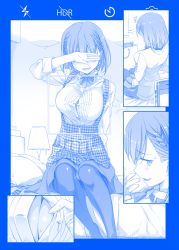  1girl ai-chan_(tawawa) apron arm_behind_back blue_theme blush bow bowtie braid breasts camera_phone cellphone center_opening cleavage comic covering_own_eyes dress_shirt getsuyoubi_no_tawawa himura_kiseki kobeya_uniform large_breasts monochrome on_bed open_clothes open_shirt original pantyhose phone plaid_apron plaid_clothes popped_button school_uniform shirt side_braid silent_comic sitting smartphone smile viewfinder  rating:Sensitive score:45 user:danbooru