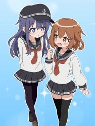  1girl anchor_symbol black_hat black_pantyhose black_sailor_collar black_skirt black_thighhighs blue_background blue_eyes brown_hair commentary_request fang feet_out_of_frame flat_cap full_body hat highres ikazuchi_(kancolle) index_finger_raised kantai_collection long_hair long_sleeves looking_at_viewer neckerchief pantyhose pleated_skirt purple_hair red_neckerchief sailor_collar shirt short_hair skirt smile solo standing sugapi thighhighs white_shirt 