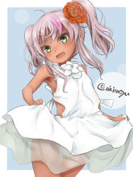  1girl :d ahoge akino_shuu bare_arms bare_shoulders blush comandante_cappellini_(anniversary)_(kancolle) comandante_cappellini_(kancolle) commentary_request dress flower green_eyes grey_hair hair_flower hair_ornament head_tilt kantai_collection looking_at_viewer multicolored_hair open_mouth panties pink_hair red_flower see-through_clothes see-through_dress skirt_hold sleeveless sleeveless_dress smile solo streaked_hair tan twintails twitter_username underwear white_dress white_flower white_panties 