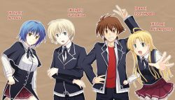 10s 2boys 2girls ahoge asia_argento blonde_hair blue_hair brown_hair character_name english_text high_school_dxd hyoudou_issei jacket kiba_yuuto long_hair multiple_boys multiple_girls open_clothes open_jacket school_uniform short_hair skirt v xenovia_quarta rating:Sensitive score:9 user:MastaofBitches
