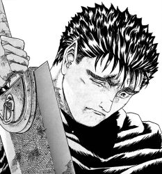  1990s_(style) 1boy berserk cape dragonslayer_(sword) greyscale guts_(berserk) highres male_focus miura_kentarou monochrome official_art retro_artstyle sad short_hair simple_background solo sword weapon white_background 