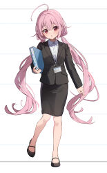  1girl ahoge folder full_body highres jacket kise_itsuki long_hair looking_at_viewer low_twintails momo_(kise_itsuki) office_lady original parted_lips pencil_skirt pink_hair red_eyes skirt solo twintails very_long_hair 