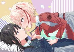  2girls absurdres black_hair blonde_hair blue_dress blue_ribbon blush chorisow_(delta_chord) commentary_request dress eye_contact green_ribbon hair_ribbon hand_on_another&#039;s_stomach heart highres inoue_takina long_hair long_sleeves looking_at_another lycoris_recoil lycoris_uniform multiple_girls neck_ribbon nishikigi_chisato one_side_up open_mouth parted_lips purple_eyes red_dress red_eyes red_ribbon ribbon short_hair straddling undone_neck_ribbon yuri 