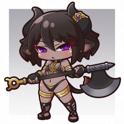  1girl absurdres animal_ears axe bare_shoulders bikini black_bikini black_footwear black_hair bridal_gauntlets chibi closed_mouth commentary_request cow_ears cow_girl cow_horns cow_tail hair_between_eyes highres holding holding_axe horns looking_at_viewer navel original personification purple_eyes saishosaisekojo solo standing swimsuit tail taurus_(zodiac) zodiac 