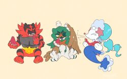  1boy 1girl 1other absurdres closed_eyes commentary_request decidueye eating food fruit furry furry_female furry_male gen_7_pokemon highres holding incineroar nintendo one_eye_closed open_mouth pkpokopoko3 pokemon pokemon_(creature) primarina sitting teeth watermelon watermelon_seeds watermelon_slice yellow_background yellow_eyes 