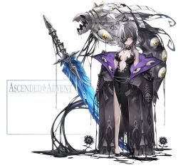  1girl absurdres alternate_costume alternate_form black_coat black_dress black_hair breasts closed_mouth coat commentary dress english_commentary feather_sword grey_hair highres hololive hololive_english igonnaswing large_breasts long_coat multicolored_hair one_eye_covered shiori_novella slime_(creature) smile solo split-color_hair two-tone_hair virtual_youtuber white_hair 