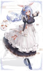  1girl absurdres animal_ears apron blue_hair blush boots bow bow_apron braid breasts carrot color_guide commentary cup decantering dress earrings eyebrows_hidden_by_hair food frilled_apron frills full_body glasses gloves gold_trim hair_between_eyes hair_bow high_collar high_heel_boots high_heels highres hikimayu holding holding_saucer holding_teapot hololive jewelry juliet_sleeves large_breasts layered_skirt light_smile long_dress long_hair long_sleeves looking_at_viewer maid maid_apron maid_headdress maison_de_cante mandarin_collar mature_female multicolored_hair orange_eyes pekomama pekomon_(usada_pekora) pom_pom_(clothes) pom_pom_earrings pouring puffy_sleeves rabbit_ears rabbit_girl round_eyewear saucer shadow short_eyebrows skirt sleeve_cuffs solo standing steamed_bun tassel teacup teapot thick_eyebrows twin_braids two-tone_hair virtual_youtuber white_apron white_gloves white_hair white_sleeve_cuffs 