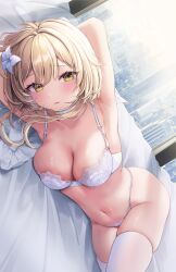 1girl absurdres armpits arms_behind_head arms_up bed blonde_hair blush bra breasts building city collarbone commentary_request day flower genshin_impact hair_between_eyes hair_flower hair_ornament highres indoors large_breasts looking_at_viewer lumine_(genshin_impact) lying navel on_side open_mouth panties pillow short_hair short_hair_with_long_locks sidelocks sky skyscraper solo thighhighs underwear white_bra white_flower white_panties white_sky white_thighhighs window yellow_eyes yurusite rating:Sensitive score:38 user:danbooru