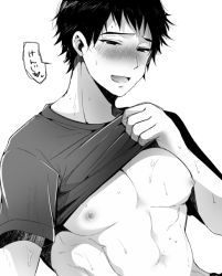 10s 1boy abs all_out!! bara blush clothes_lift funkasiahq looking_at_viewer male_focus miyuki_atsushi monochrome muscular naughty_face nipples pectorals shirt_lift smile smirk solo steam sweat text_focus rating:Sensitive score:11 user:harucho