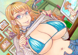  bikini bikini_top_only blonde_hair bookshelf breasts breasts_focus clothes_lift colorized cross dress dress_lift galko glasses green_eyes huge_breasts jewelry large_breasts long_hair looking_at_viewer mole mole_on_breast mole_on_stomach mole_under_eye necklace open_mouth oshiete!_galko-chan painting_(object) pearl_necklace purple_nails room sitting smile suzuki_ken&#039;ya sweater tagme wavy_hair 