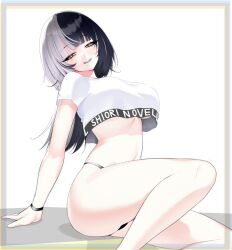  1girl bikini bikini_under_clothes black_hair blush breasts character_name crop_top cropped_shirt grey_hair hair_ornament highleg highleg_bikini hololive hololive_dance_practice_uniform hololive_english large_breasts long_hair long_sleeves looking_at_viewer midriff multicolored_hair navel official_alternate_costume open_mouth porougon satin satin_bikini shiny_clothes shiny_swimsuit shiori_novella shirt silver_bikini smile solo split-color_hair sports_bra_peek sweat swimsuit two-tone_hair virtual_youtuber white_background white_shirt workout_clothes yellow_eyes 