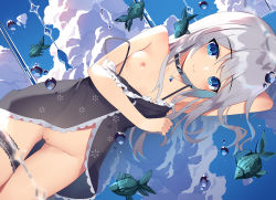 1girl absurdres arm_behind_head arm_up bare_shoulders black_choker blue_eyes blue_gemstone blue_sky blurry blurry_foreground blush breasts camisole choker cleft_of_venus closed_mouth cloud collarbone commission cowboy_shot crystal day dutch_angle female_focus fish frilled_thigh_strap frills gem grey_hair hand_up happy highres light_particles long_hair looking_at_viewer lying nipples nuolin_(amaki-aria) off_shoulder on_side original outdoors pussy reflection sakutaishi see-through_clothes sidelocks sky small_breasts smile solo spaghetti_strap strap_slip thigh_gap thigh_strap uncensored water water_drop rating:Explicit score:162 user:AngryZapdos