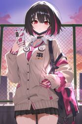  &gt;:( 1girl absurdres bag black_bag black_choker black_hair black_mask black_skirt black_survival breasts brown_cardigan building buttons cardigan cellphone checkered_clothes checkered_skirt choker cloud collared_shirt colored_inner_hair commentary eternal_return:_black_survival hair_between_eyes hand_in_pocket hand_up highres holding holding_phone long_sleeves looking_at_viewer marlene_(after_school)_(black_survival) marlene_(black_survival) medium_breasts mellow_kaede multicolored_hair necktie official_alternate_costume outdoors phone pink_hair pink_necktie pleated_skirt railing red_eyes rooftop school_uniform shirt short_hair shoulder_bag skirt sky smartphone solo standing sunset thighs v-shaped_eyebrows white_shirt 