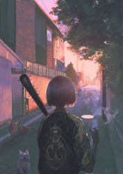  1girl animal backlighting baseball_bat black_hair bob_cut building choker cigarette collar dog from_behind highres holding holding_baseball_bat holding_cigarette jacket leash manhole medium_hair nail_(hardware) nail_bat original outdoors power_lines railing road short_hair signature sky smoke solo spiked_choker spikes sunset tree upper_body watch wristwatch yuta_kawakami  rating:General score:7 user:Dweenie