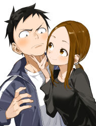 1boy 1girl absurdres black_hair black_shirt blush brown_eyes brown_hair closed_mouth commentary_request eye_contact fingernails forehead hetero highres karakai_jouzu_no_(moto)_takagi-san karakai_jouzu_no_takagi-san long_hair long_sleeves looking_at_another nishikata ponytail shirt short_hair simple_background smile takagi-san white_background white_shirt yamamoto_souichirou rating:General score:12 user:danbooru