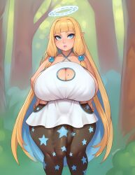  1futa bare_shoulders blonde_hair blue_eyes breasts cleavage cleavage_cutout clothing_cutout curvy forest futanari geshtar hands_on_own_hips highres huge_breasts huge_penis large_testicles lips long_hair mole mole_on_breast mole_under_eye nature outdoors pants penis plump pointy_ears shortstack solo standing testicles thick_thighs thighs tight_clothes tight_pants tunic very_long_hair wide_hips xaessya 